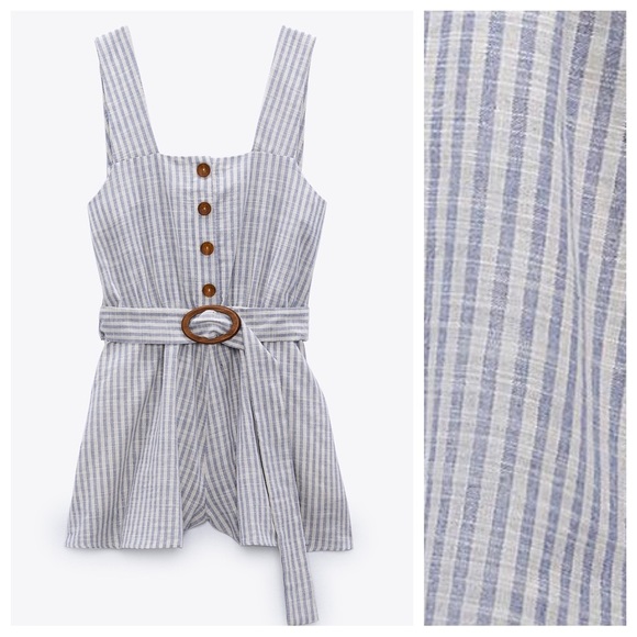 Zara Blue/Cream Linen Blend Striped Jumpsuit. Size M. - Picture 7 of 11